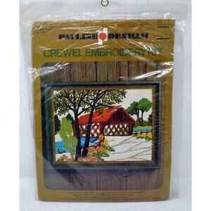 Vintage 1974 Crewel Embroidery Kit Pauline Denham Covered Bridge 12”x9” NOS 6057